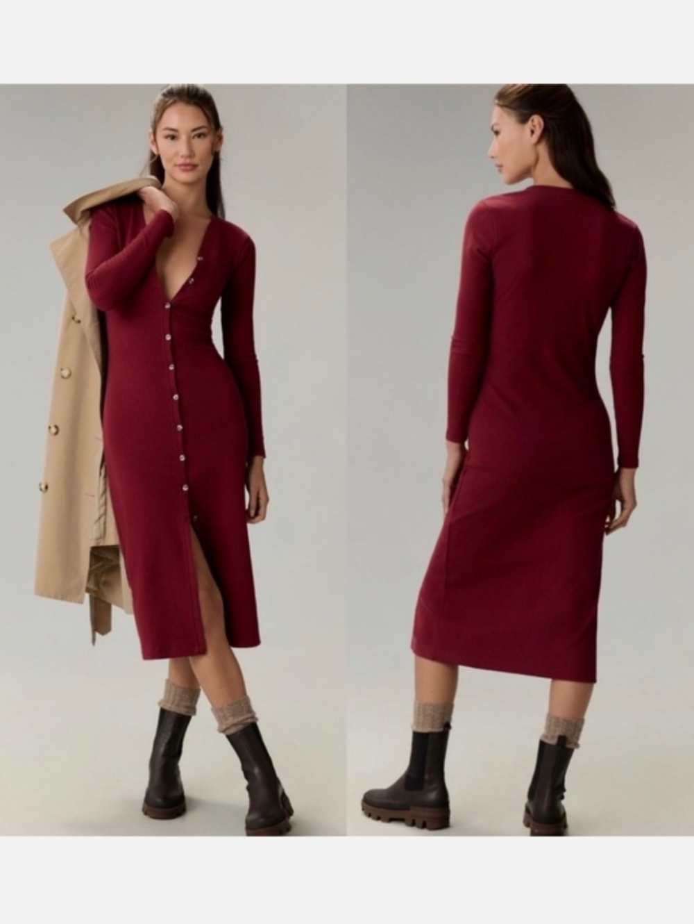 NWT Anthropologie Grey State Mila Raspberry Maroon Ribbed Midi Dress